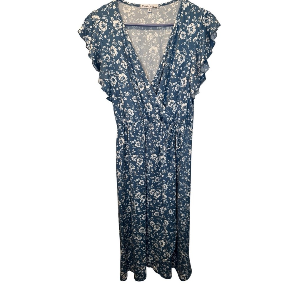 Velvet Torch Blue White Floral Flutter Sleeve Wrap Midi Dress L Peasant Festival